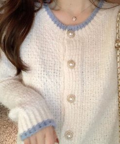 ニット・セーター | アウター Uネック パールボタン付き レディース 無地 ニットカーディガン 長袖 ショートニット ニットトップス