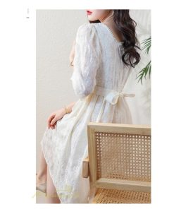 ミディアム | Aラインワンピース 秋コーデ レディース 長袖 膝丈ワンピース 腰リボン付き 刺繍 パフスリーブ 美ライン シルエット 大人 無地 オフィス お呼ばれ フォーマル