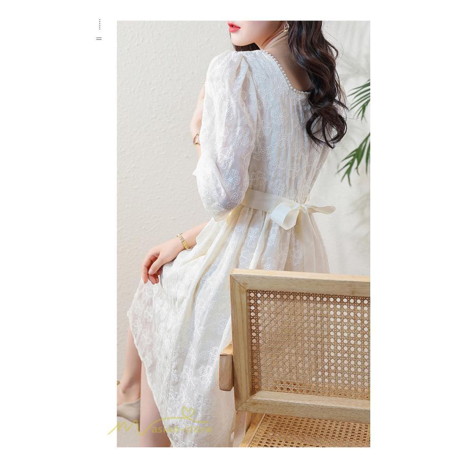 ミディアム | Aラインワンピース 秋コーデ レディース 長袖 膝丈ワンピース 腰リボン付き 刺繍 パフスリーブ 美ライン シルエット 大人 無地 オフィス お呼ばれ フォーマル