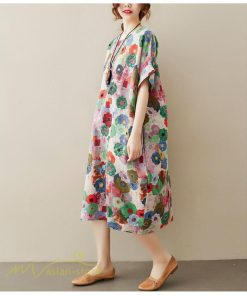 ミディアム | ミディアムワンピース レディース 膝丈 ゆるワンピース 花柄 きれいめ フリーサイズ ゆったり 半袖 麻 綿 リネン 女性着 きれいめ コットン クルーネック 着回し