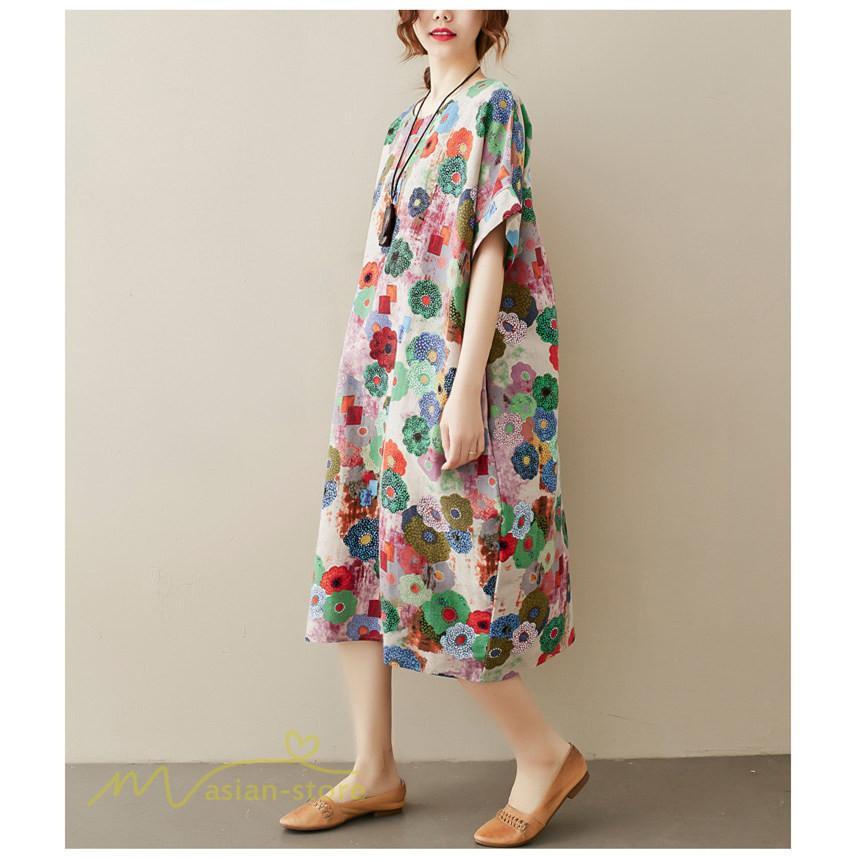 ミディアム | ミディアムワンピース レディース 膝丈 ゆるワンピース 花柄 きれいめ フリーサイズ ゆったり 半袖 麻 綿 リネン 女性着 きれいめ コットン クルーネック 着回し