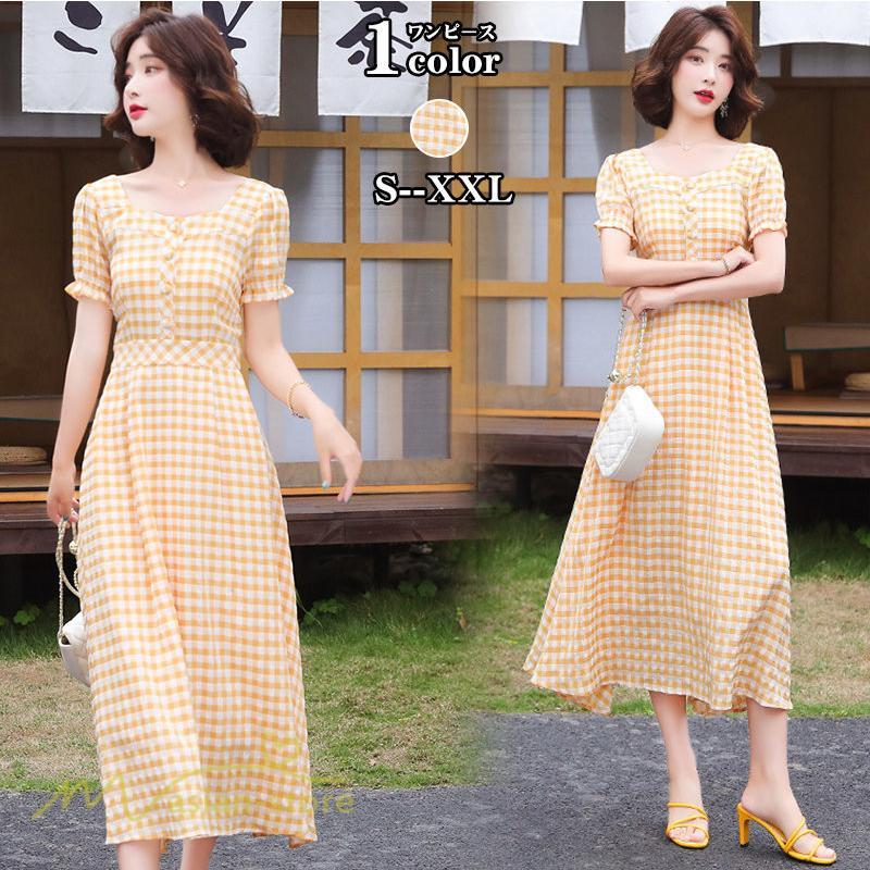 マキシ | ワンピース レディース チェック柄 きれいめ おしゃれ ゆったり ロング丈 着痩せ 春 夏 着痩せ ロングワンピース 上品 韓国風 バックファスナー エレガント