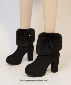ブーツ | ショートレディース 6cmヒール ファー サイドジッパー 太めヒール 冬 保温 防寒 大きいサイズ 痛くない 冬靴 あったか オシャレ 疲れない