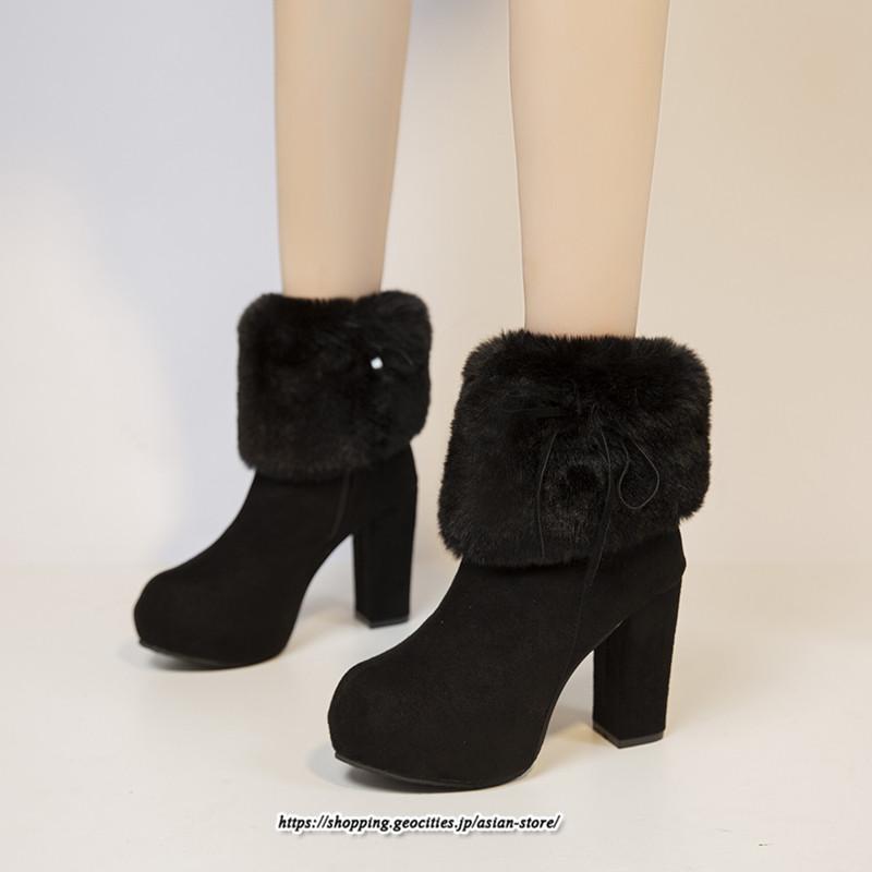 ブーツ | ショートレディース 6cmヒール ファー サイドジッパー 太めヒール 冬 保温 防寒 大きいサイズ 痛くない 冬靴 あったか オシャレ 疲れない
