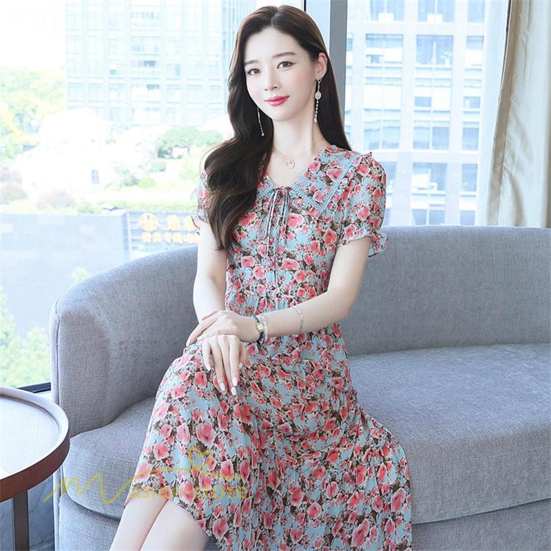 ミディアム | ワンピース レディース Aライン カジュアル Vネック サマー 半袖 ひざ丈 ミディアムワンピース 大きいサイズ 上品 花柄 着痩せ サマーワンピース 夏服