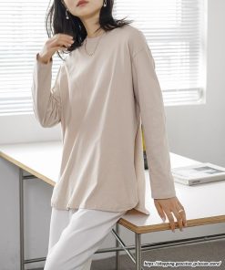 tシャツ・カットソー | Tシャツ Tシャツ コットン長袖オーバーサイズ裾ラウンドTシャツ レディース 綿Tシャツ 長袖Tシャツ クルーネック 秋物 ミドル丈 無地 丸首 長袖