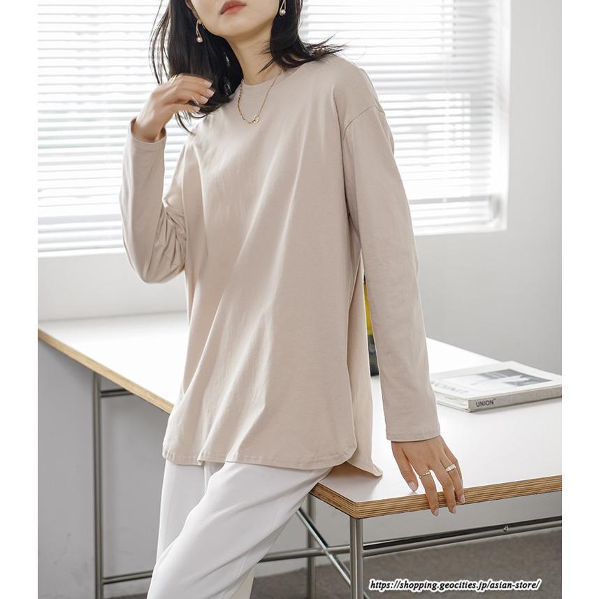 tシャツ・カットソー | Tシャツ Tシャツ コットン長袖オーバーサイズ裾ラウンドTシャツ レディース 綿Tシャツ 長袖Tシャツ クルーネック 秋物 ミドル丈 無地 丸首 長袖