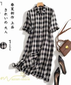 送料無料SALE | チェックワンピース 半袖ワンピース 夏ワンピース シャツワンピース ロングシャツ 膝上丈 麻 羽織り 前開き ポケット 30代40代 可愛い スリム 女の子