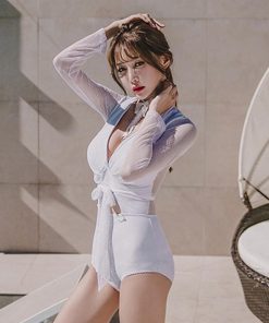 ビキニ | カシュクール 長袖 体型カバー メッシュ 背中見せ【ネ Vネック ワンピース 水着 オールインワン 水着 セクシー 水着 レディース