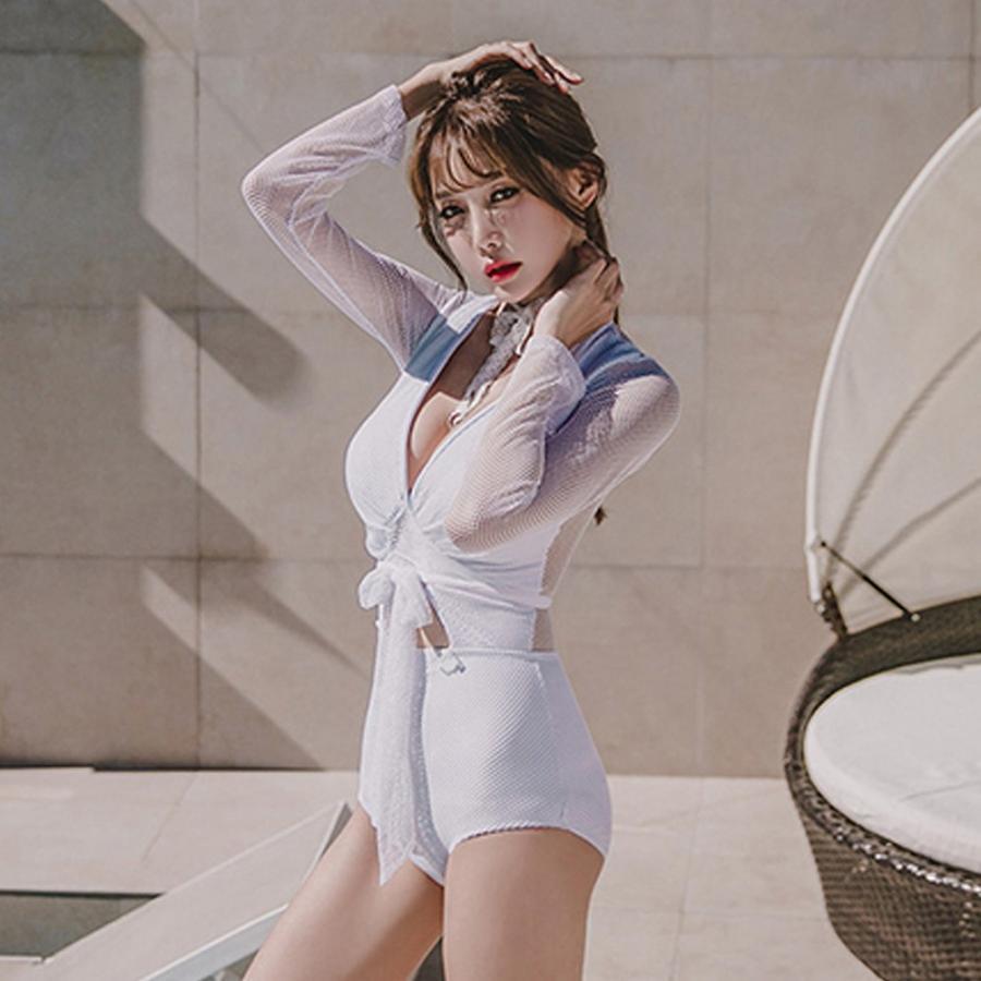 ビキニ | カシュクール 長袖 体型カバー メッシュ 背中見せ【ネ Vネック ワンピース 水着 オールインワン 水着 セクシー 水着 レディース