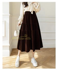 スカート | ロングティアードAラインミモレ丈 フレアビロードウエストゴム ハイウエスト 秋冬 無地 ゆったり