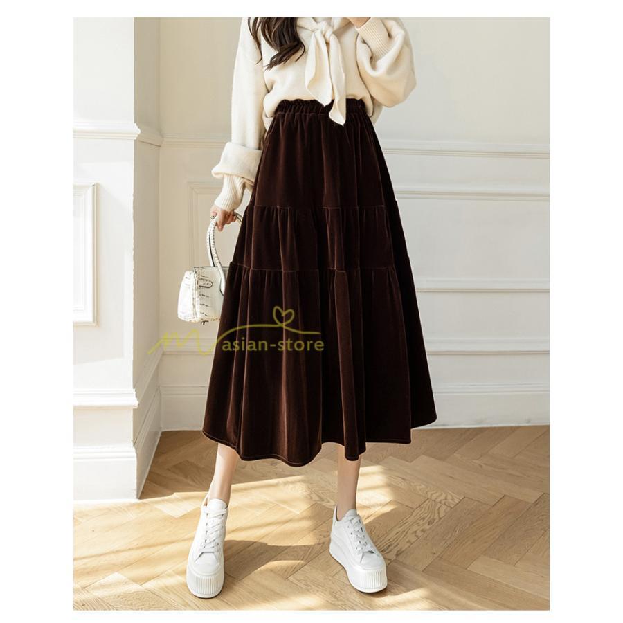 スカート | ロングティアードAラインミモレ丈 フレアビロードウエストゴム ハイウエスト 秋冬 無地 ゆったり