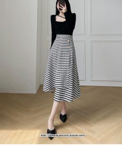 スカート | ロングきれいめ レディース ロング丈 Aライン 20代 30代 40代 50代 秋 冬 千鳥格柄 細見え 可愛い ハイウエスト お出かけ 高見え
