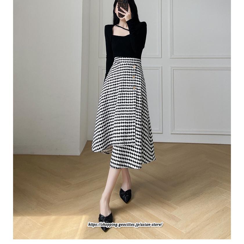 スカート | ロングきれいめ レディース ロング丈 Aライン 20代 30代 40代 50代 秋 冬 千鳥格柄 細見え 可愛い ハイウエスト お出かけ 高見え