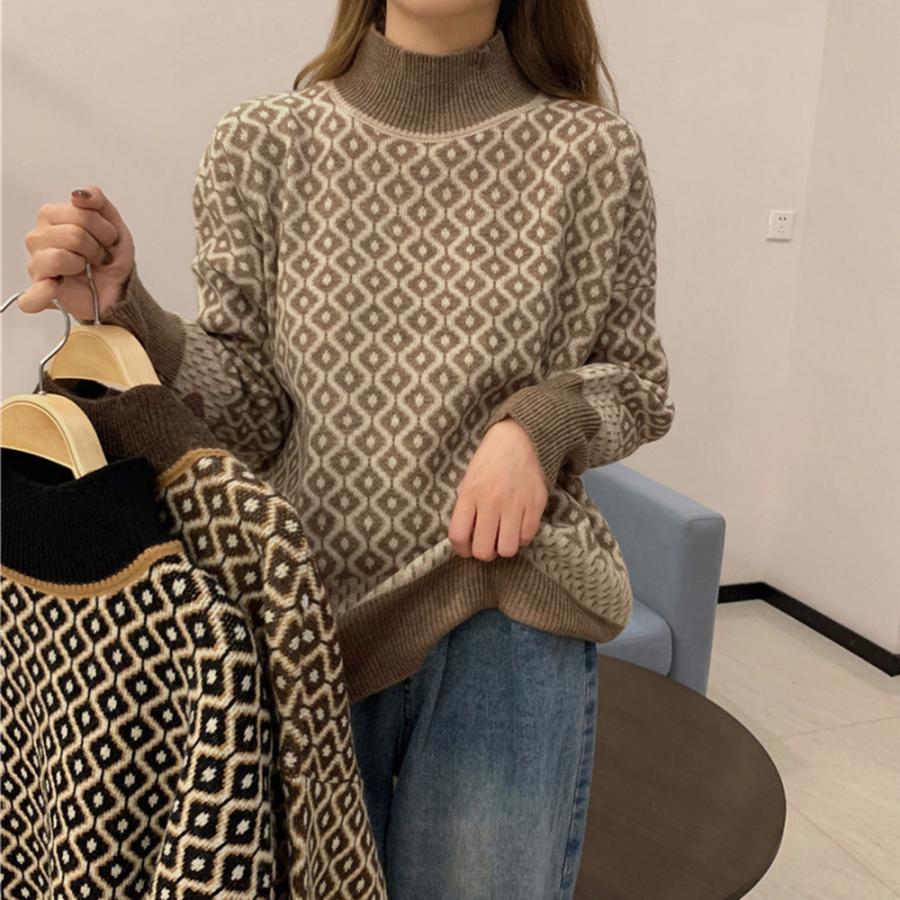 ニット・セーター | 配色ダイス柄ニットトップスハイネック