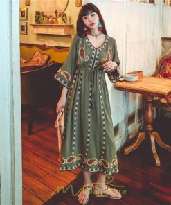 マキシ | 七分袖ワンピース Vネック ロング丈ワンピース エスニック ボヘミアン レディース 夏秋 綿麻 きれいめ フォーマル キレイめ 上品 ゆったり 大人 体型カバー