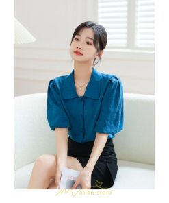 シャツ・ブラウス | ブラウス レディース オフィス シャツ 青 フォーマル 半袖 おしゃれ カジュアル フェミニン 開襟 着痩せ フランス風 お仕事 クラシック ビジネス 通勤 OL