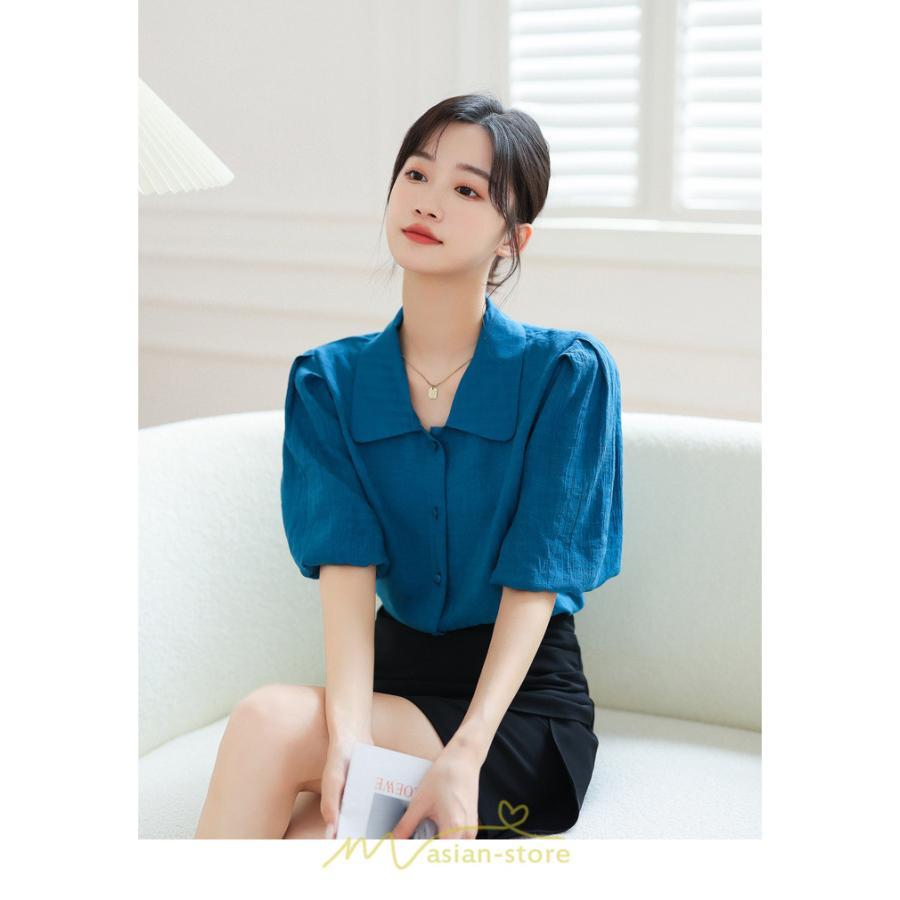 シャツ・ブラウス | ブラウス レディース オフィス シャツ 青 フォーマル 半袖 おしゃれ カジュアル フェミニン 開襟 着痩せ フランス風 お仕事 クラシック ビジネス 通勤 OL