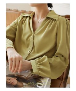 シャツ・ブラウス | ブラウス レディース シャツ トップス Vネック 長袖シャツ 無地 オフィス カジュアル おしゃれ 秋 冬 コーデ 高級感 シフォン エレガント 緑 白 通勤