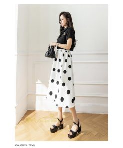 スカート | ロング丈フレアウエストゴム レディース 春夏 体型カバー ドット柄 フェミニン デイリー 通勤通学 着痩せ 着回し カジュアル お出かけ 20代30代40代