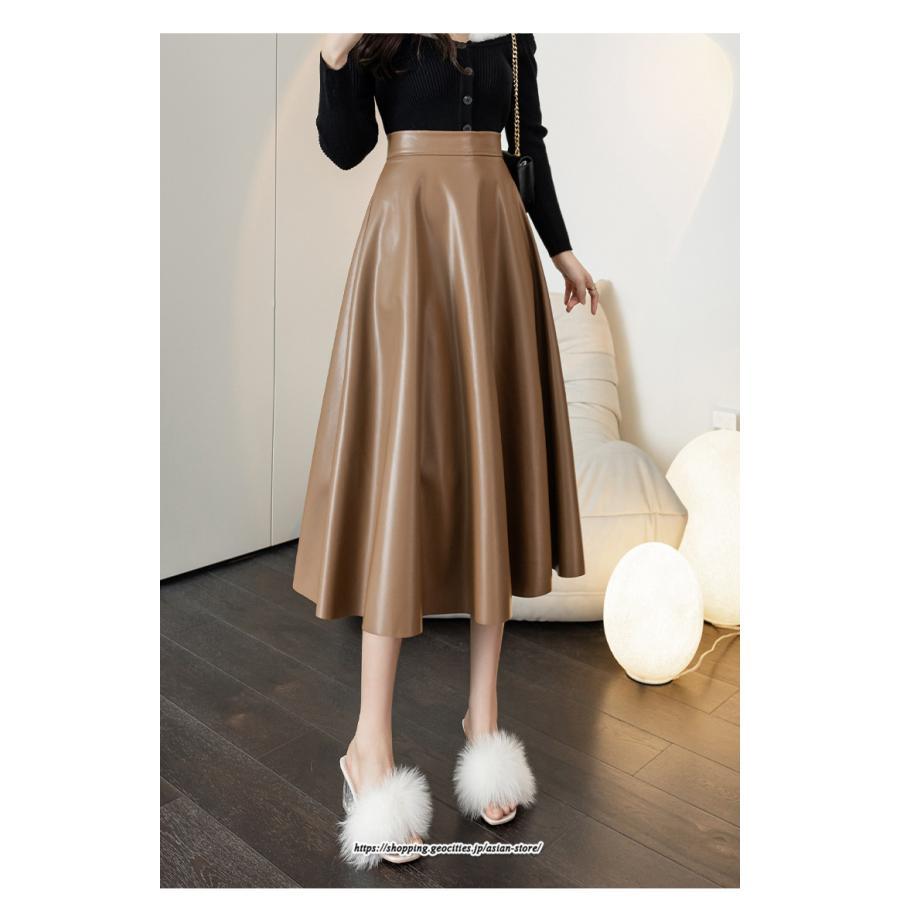 スカート | レディース 合皮 ロングミモレ丈韓国ファッション 脚長 かわいい おしゃれ 秋冬 おしゃれ レザーセクシー キレイめ