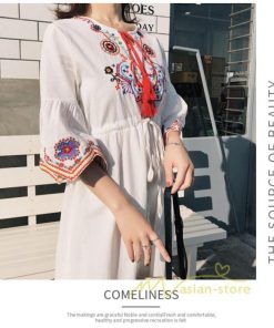 マキシ | ワンピース 半袖 夏物 レディース 秋服 綿麻 刺繍 フレアスリーブ ロングワンピース ミモレ丈 五分袖 ウエストゴム 大人 30代40代 Aラインワンピ リボン付き