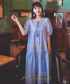 マキシ | ロングワンピース 夏秋 レディース 五分袖 普段着 同窓会 細見せ ハイウエスト コットン レース Aライン 白 紫 刺繍 Vネック キャンプ 旅行 上品 鎖骨 華奢魅せ