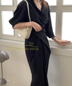 マキシ | ロングワンピース 夏ワンピース 薄手 黒ワンピース スリム 30代40代 大人 無地 シャツワンピース 七分袖 オフィス 涼感 セクシー Vネック フェミニン