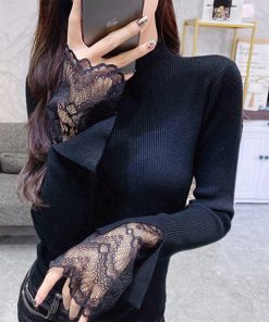 ニット・セーター | フェミニン 秋 スリムフィット 長袖 リブニットトップス レディース 袖レース 冬 細見 ニットセーター ハイネック ニットソー