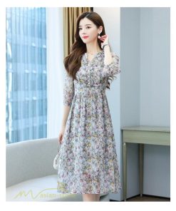 ミディアム | ワンピース 膝丈 花柄 きれいめ 5分袖 カジュアル Aラインスカート 上品 着痩せ ミディアムワンピース お出かけ シフォン 日常感 通気性 大人 エレガント