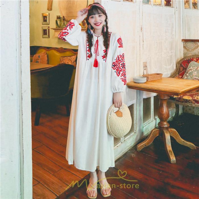 マキシ | 花柄ワンピース 丸首 リゾート ワンピース レディース 長袖 夏秋 ロング丈 マキシ丈 大人 上品 刺繍 綿麻 二次会 女子会 旅行 お出かけ コットン バカンス