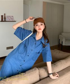 ミディアム | ワンピース デニムワンピース 半袖 ひざ丈 シャツワンピース 夏新作 体型カバー デニム フリーサイズ レトロ風 カジュアル 膝丈 かわいい 無地 ワンピ きれいめ