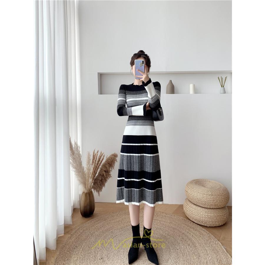 ニットワンピース | ワンピース レディース ニット ワンピース ニット チュニック ロング 長袖 着痩せ 秋冬 送料無料 ボーダー柄 2022新作 韓国風 秋冬コーデ 大人可愛い