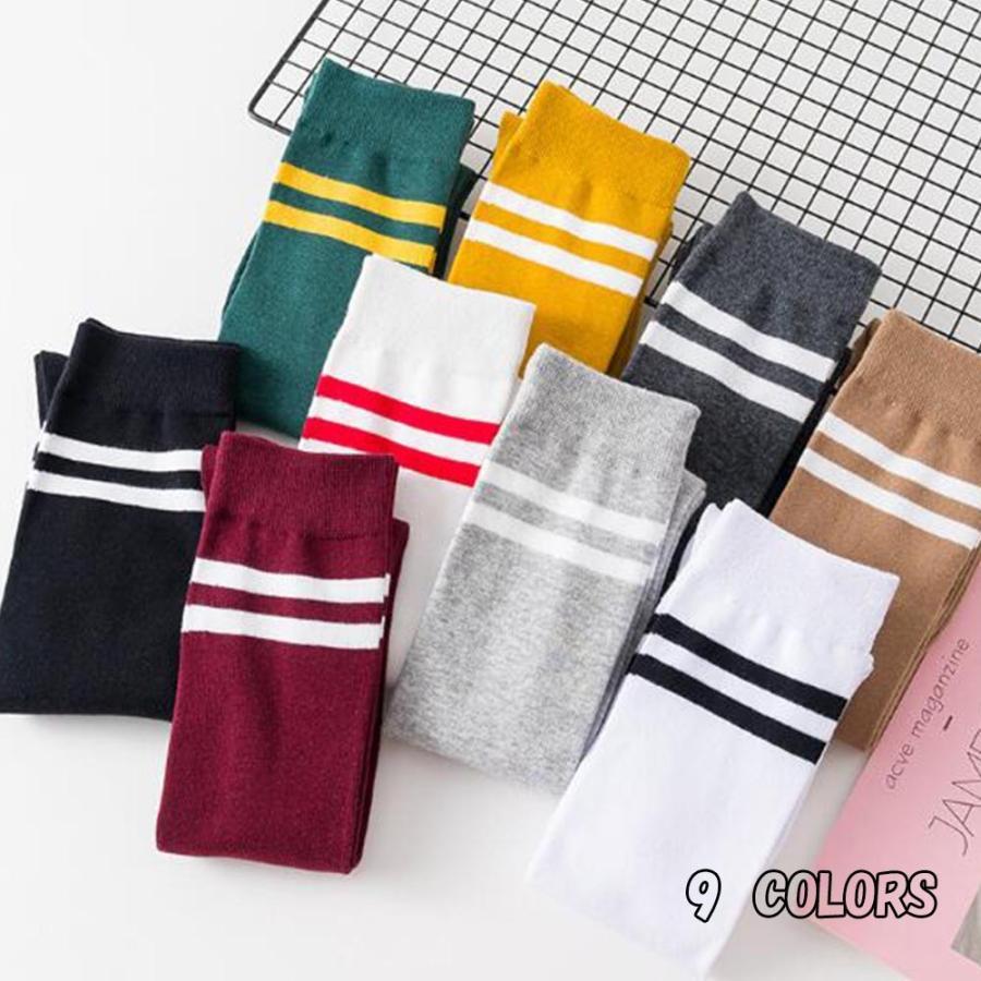 ストール | レディース 2本ライン 通学 ボーダー 靴下 無地 ロングソックス 靴下 綿 ハイソックス