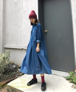 デニムワンピース | ゆるワンピース レディース デニム 長袖 レトロ風 可愛い Aラインワンピース フリーサイズ 丸首 体型カバー おしゃれ 秋 コーデ ゆったり