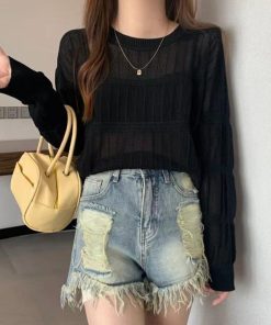 透かし編みトップス | 透かし編み 長袖ニットトップス 韓国風