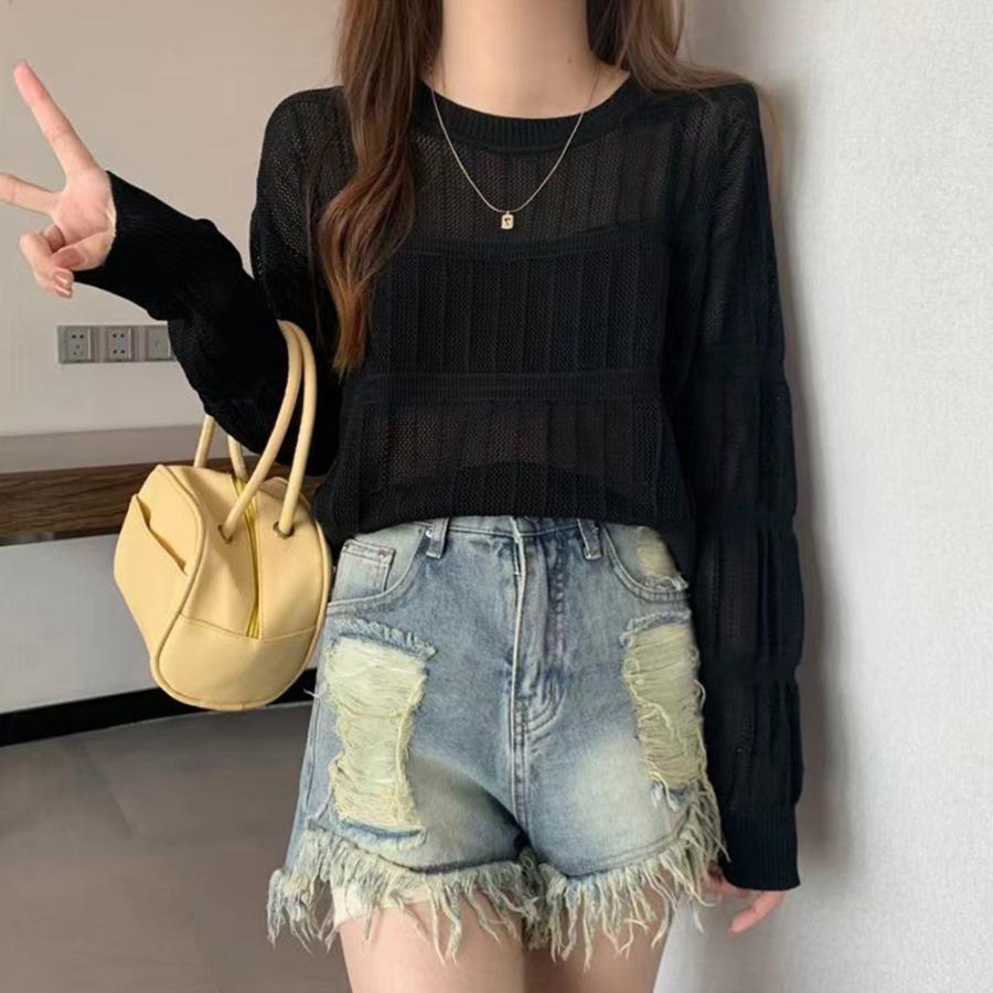 透かし編みトップス | 透かし編み 長袖ニットトップス 韓国風