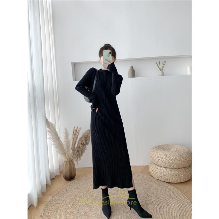 ニットワンピース | レディース 冬 きれいめ ロング おしゃれ 秋冬 長袖 ハイネック サイドスリット セクシー 同窓会 デート 大人フェミニン 女子会 韓国風