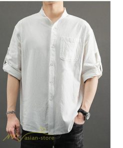 シャツ | 夏メンズ 麻 綿 カジュル 7分丈 カッコイイ ワイドゆったり 夏コーデ 新作 サマー風 スタンドカラー 日常感 無地 5XL ボタン 上品 大きいサイズ
