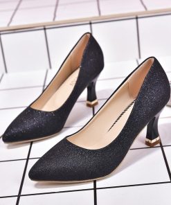 パンプス | キラキラポインテッドトゥ ピンヒール 異素材 スリップオン 紐なし ストラップなし 滑り止めソール 30代 黒 靴 レディース シューズ