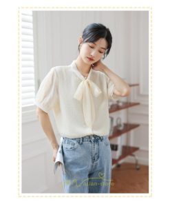 シャツ・ブラウス | ブラウス レディース おしゃれ きれいめ 半袖ブラウス カジュアル 無地 フォーマル オフィス オフホワイト 黒 シフォン OL 蝶結び 通勤 新作 お出かけ ビジネス