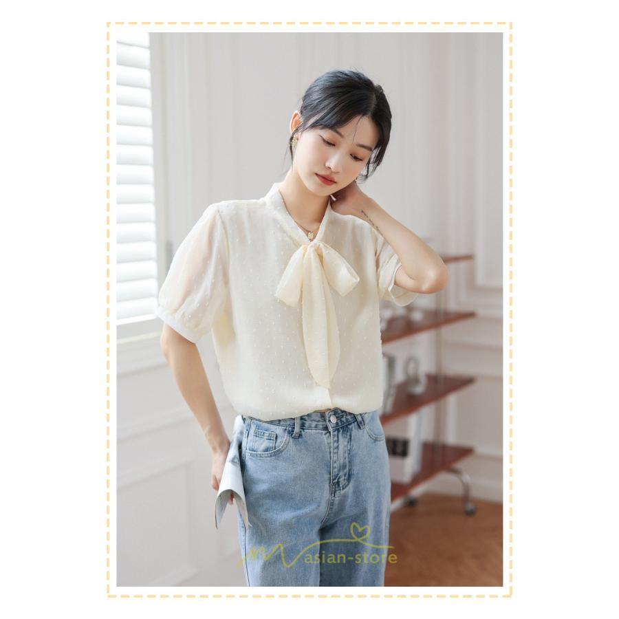 シャツ・ブラウス | ブラウス レディース おしゃれ きれいめ 半袖ブラウス カジュアル 無地 フォーマル オフィス オフホワイト 黒 シフォン OL 蝶結び 通勤 新作 お出かけ ビジネス