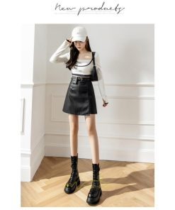 スカート | ミニレディース ミニスカ フェイクレザー ボトムス ハイウエスト タイト 秋冬 スタイリッシュ ベルト付き 可愛い カジュアル 大人 お洒落