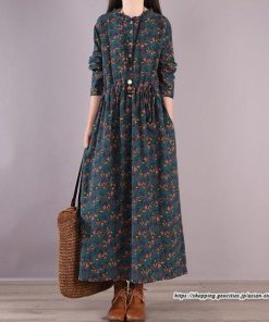 マキシ | 花柄ワンピース30代レディース秋物 リネンワンピース 綿麻風 シャツワンピース ロングワンピース ミモレ丈 長袖ワンピース リボン付き 秋ワンピース 大人