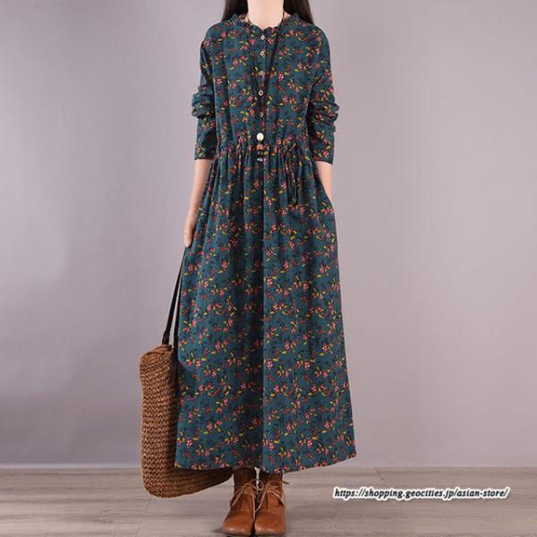 マキシ | 花柄ワンピース30代レディース秋物 リネンワンピース 綿麻風 シャツワンピース ロングワンピース ミモレ丈 長袖ワンピース リボン付き 秋ワンピース 大人
