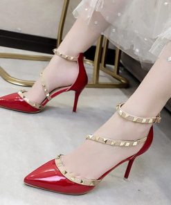 サンダル | レディース エレガント ハイヒール リベット ポインテッドトゥ ピンヒール アンクルストラップ シューズ 痛くない パンプス