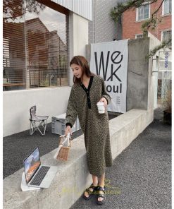 マキシ | レオパードワンピース 秋 レディース ヒョウ柄 Vネック ワンピース ロングワンピース 長袖ワンピース 大人 ゆったり 裾スリット 秋冬 30代40代50代 大きいサイズ