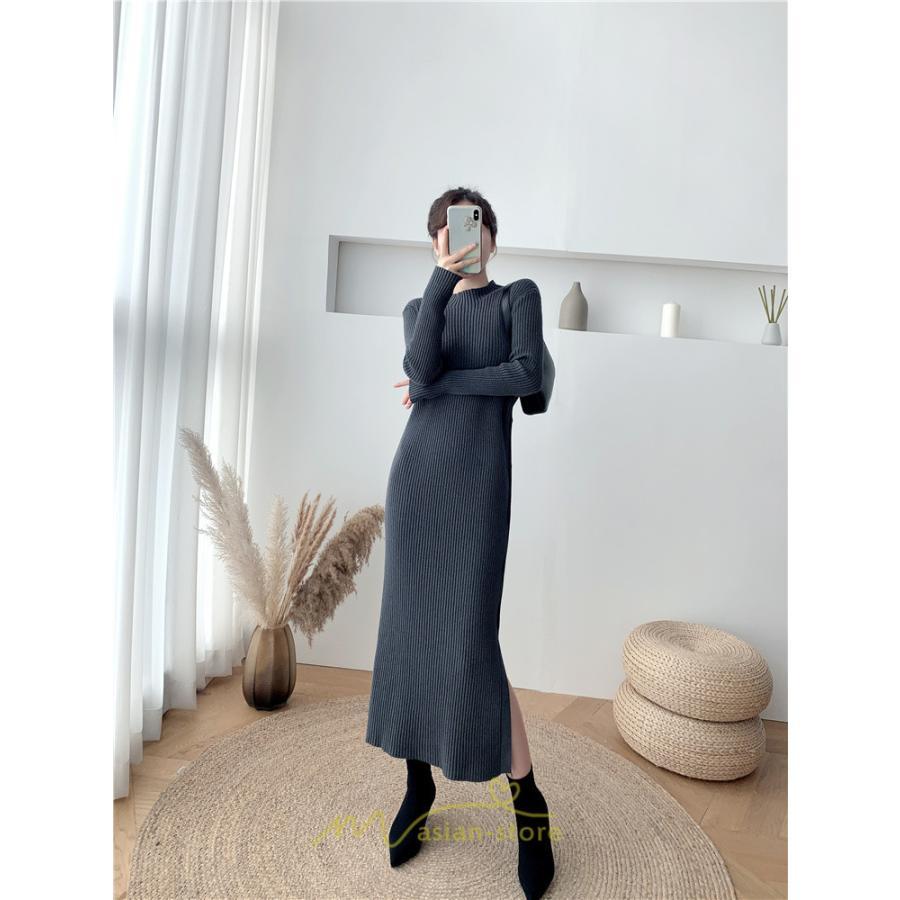 ニットワンピース | レディース 冬 きれいめ ロング おしゃれ 秋冬 長袖 ハイネック サイドスリット セクシー 同窓会 デート 大人フェミニン 女子会 韓国風