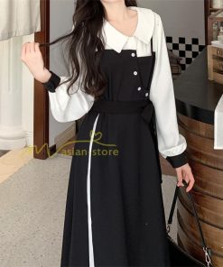 マキシ | ロングワンピース 秋物 レディース ミモレ丈 Aラインワンピース 黒白 フェイク レイヤード風 重ね着風 30代40代 シャツカラー お呼ばれワンピース 50代 着やせ