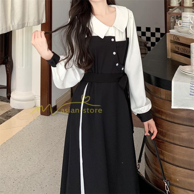 マキシ | ロングワンピース 秋物 レディース ミモレ丈 Aラインワンピース 黒白 フェイク レイヤード風 重ね着風 30代40代 シャツカラー お呼ばれワンピース 50代 着やせ